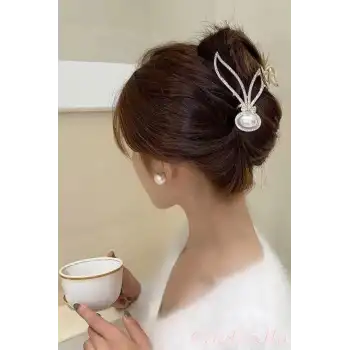 Büyük İnci Taşlı Fiyonk Detaylı Taşlı Kadın Gold Metal Mandal Toka - Lüks Mandallı Saç Tokası