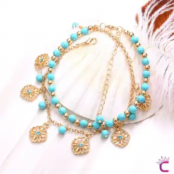 Çiçek Tasarım Deniz Mavi Boncuklu Gold Zincirli Kadın 2li Kombin Halhal - Zarif Ayak Zinciri Halhal