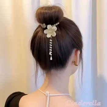 Çiçekli İnci Detaylı Kadın Yaylı Saç Topuz Tokası Metal Gold - Sarkıt İncili Kristal Taşlı Toka