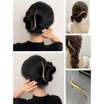 Dekoratif S Tasarım Büyük Boy Pens Saç Tokası Gold Metal 13cm - Kadın Klipsli Yan Toka Topuz Tokası