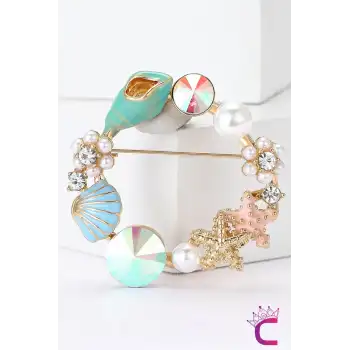 Deniz Yıldızı İncili Taşlı Çiçekli Kadın Çelenk Broş - Hediyelik Elbise Ceket Yaka İğnesi Rozeti