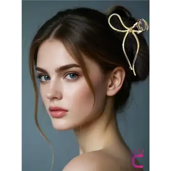 Fiyonk Model Gold Kadın Metal Mandal Toka 11.5cm - Kurdele Fiyonklu Mandallı Saç Topuz Tokası