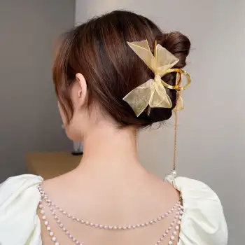 İnci Taşlı Kuyruklu Gold Renk Tül Fiyonk Model Mandal Toka - Yeni Trend Özel Saç Tokası