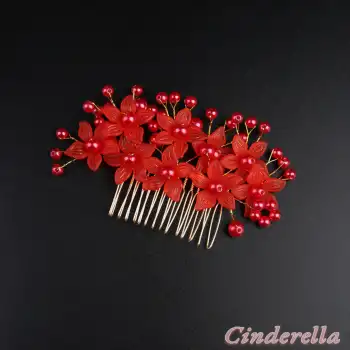 İncili Çiçekli Model İnci Tarak Toka Kırmızı - Gelin Tacı Düğün Nişan Kına Söz Saç Topuz Aksesuarı