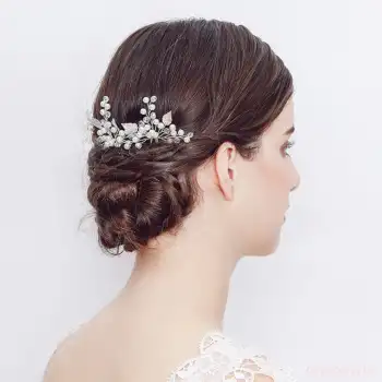 İncili Gümüş Yapraklı İnci Kristal Taşlı Firkete Set - Gelin Tacı Düğün Nikah Nişan Saç Topuz Toka