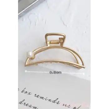 İncili Yarım Ay Model Kadın Gold Metal Mandal Toka - Orta Boy Sıkı Toplayan Lüks Mandal Saç Tokası