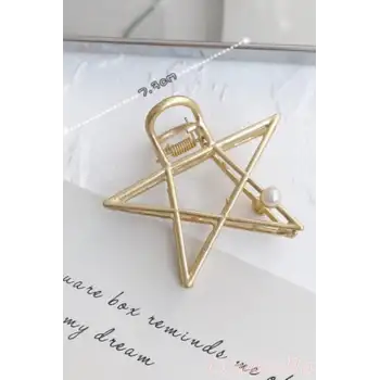 İncili Yıldız Model Kadın Gold Metal Mandal Toka - Orta Boy Sıkı Toplayan Lüks Mandal Saç Tokası