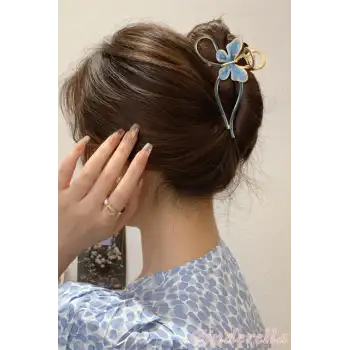 Kadın Mavi Gold Kelebek Detaylı Zarif Metal Mandal Toka - Lüks Mandal Saç Tokası