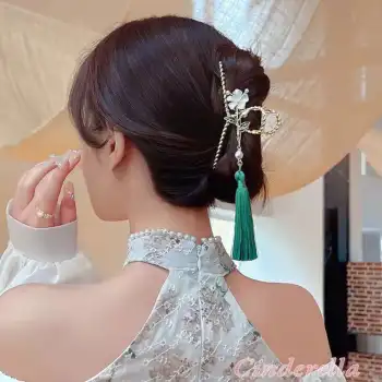 Kadın Yeşil Püsküllü Sarkıt İncili Model Metal Mandal Toka Gold - Büyük Mandallı Saç Tokası