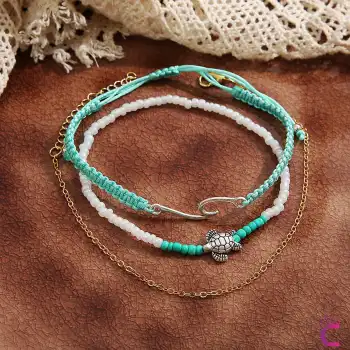 Karetta Figürlü Örgü İpli Miyuki Taşlı Zincirli 3lü Kombin Halhal - Ayarlanabilir İp Halhal