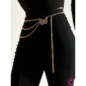 Kelebekli Gold Bel Zinciri - Ayarlanabilir Vücut Elbise Zinciri Kemeri Göbek Takısı Kolyesi Aksesuar