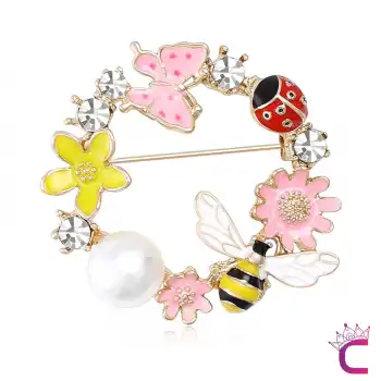 Kelebekli Uğur Böceği Arılı İncili Çiçekli Kadın Çelenk Broş - Hediyelik Elbise Ceket Yaka İğnesi