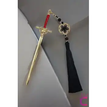 Kırmızı Gold Kılıç Tasarım Siyah Püsküllü Metal Topuz Toka 20cm - Kadın Firkete Çubuk Topuz Tokası