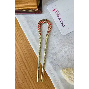 Kırmızı Taşlı İşlemeli Vintage Gold Metal Topuz Tokası 12.5cm - Kadın Saç Topuz Tokası Çubuk Toka