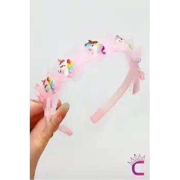Kız Çocuk Sevimli Fiyonklu Unicorn Taç Pembe - Kurdele Çocuk Taç Saç Bandı Toka Prenses Tacı