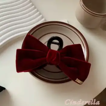 LoveDays Mat Kadife Kumaş Büyük Boy Fiyonk Model Kadın Mandal Toka Bordo - Mandallı Saç Topuz Tokası