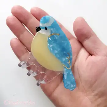 Mavi Baştankara Kuşu Model Lüks Asetat Kemik Mandal Toka 8cm - Yeni Trend Kadın Mandallı Saç Tokası