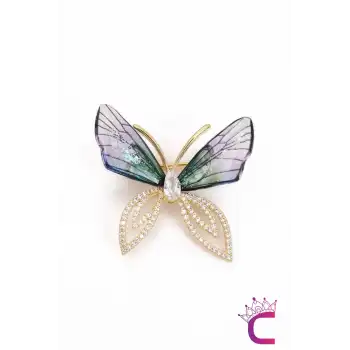 Mavi Degrade Kanatlı Taşlı Kelebek Broş - Kelebekli Hediyelik Elbise Ceket Kadın Yaka İğnesi Broş