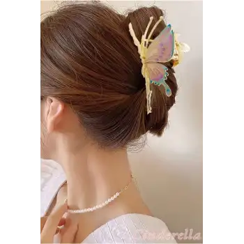 Mineli Kelebek Tasarım Kadın Büyük Metal Mandal Toka Gold - Boho Tarz Mandallı Saç Topuz Tokası