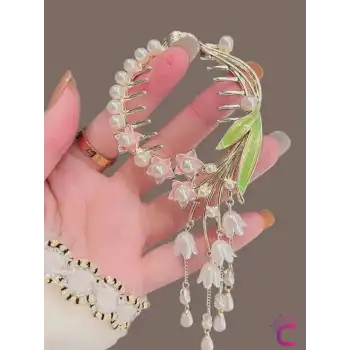 Minik Pembe Çiçekli Yaprak Detaylı İncili Taşlı Sallantılı Yaylı Kadın Saç Topuz Tokası Gold Metal