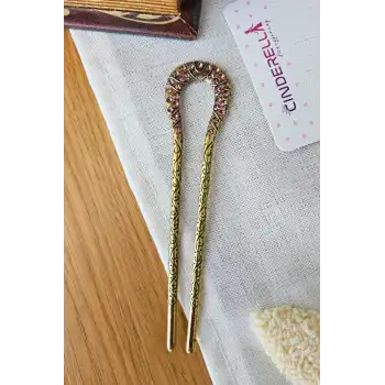 Mor Taşlı İşlemeli Vintage Gold Metal Topuz Tokası 12.5cm - Kadın Saç Topuz Tokası Çubuk Toka