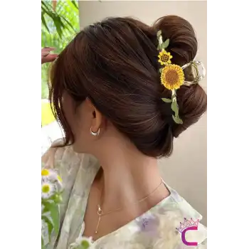 Örgü Ayçiçeği Sarmaşık Yapraklı Tasarım Çiçekli Kadın Mandal Toka Metal Gold - Zarif Saç Tokası