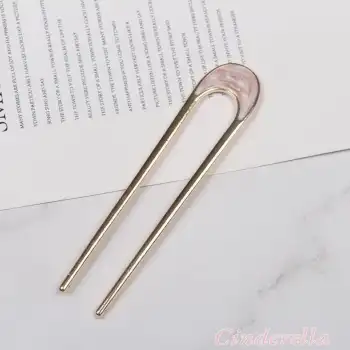 Oval Pembe & Beyaz Detaylı Metal Topuz Tokası - Çubuk Saç Tokası - Saç Çubuğu