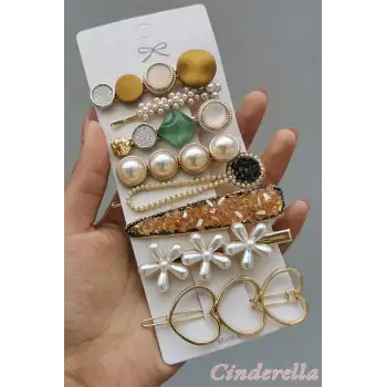 Özel 8li Kadın İç İçe Kalpli İnci Taşlı Toka Seti - Yeni Sezon Pens Çıtçıtlı Klips Yan Saç Tokası