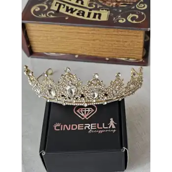 Özel Seri Kristal Su Damlası Zirkon Taşlı Prenses Gelin Tacı Gold - Kraliçe Helen Düğün Nikah Taç