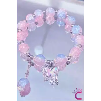 Pembe Aytaşı Boncuklu Zirkon Taşlı Kelebekli Kız Çocuk Bileklik - Hediyelik Takı Aksesuar