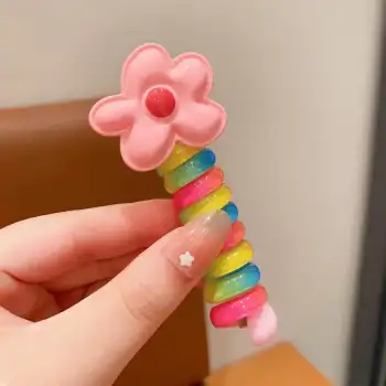 Pembe Çiçek Model Burgu Yaylı Makarna Toka - Gökkuşağı Renkli Spiral Lastik Saç Tokası