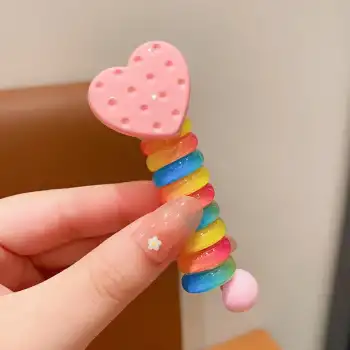 Pembe Kalpli Model Burgu Yaylı Makarna Toka - Gökkuşağı Renkli Spiral Lastik Saç Tokası