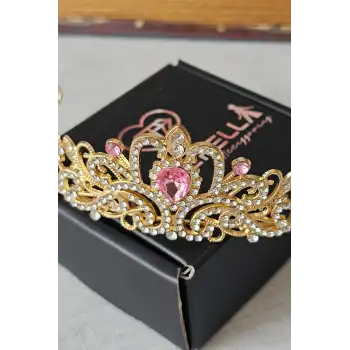 Pembe Kristal Taşlı Zirkon İşlemeli Prenses Gelin Tacı - Düğün Kına Nikah Nişan Söz Doğum Günü Taç