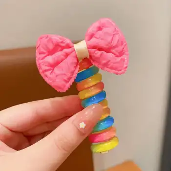Pembe Kurdele Model Burgu Yaylı Makarna Toka - Gökkuşağı Renkli Spiral Lastik Saç Tokası