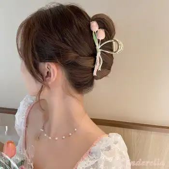 Pembe Lale Çiçekli Model Zarif Kadın Metal Mandal Toka 11cm Gold - Şık Mandallı Saç Topuz Tokası