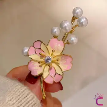 Pembe Sarı Çiçekli Beyaz İncili Zirkon Taşlı Kadın Broş - Hediyelik Elbise Ceket Yaka İğnesi Rozet