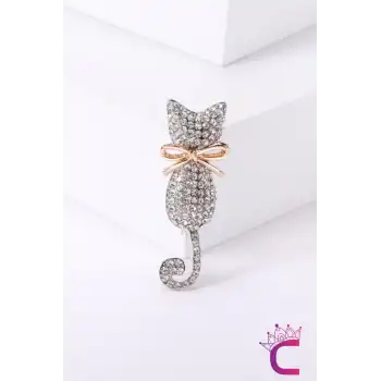 Rhine-Stone Taşlı Kedi Tasarım Kadın Broş - Şık Günlük Kıyafet Elbise Ceket Yaka İğnesi Broşu