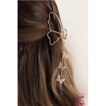 Sallantılı Kelebekli Orta Boy Kadın Metal Mandal Toka 8cm - Zarif ve Şık Mandallı Saç Topuz Tokası