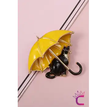 Sarı Şemsiyeli Siyah Kedi Tasarım Broş - Kedili Hediyelik Elbise Ceket Yaka İğnesi Broşu