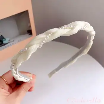 Sarmaşık İnci Tasarım Yumuşak Kadın Tacı Krem - İncili Hafif Esnek Taç Saç Bandı