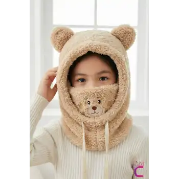 Sevimli Ayıcıklı Yumuşak Peluş Bere Boyunluklu Şapka Atkı Bir Arada Bej 3-12 Yaş Kışlık Hediyelik