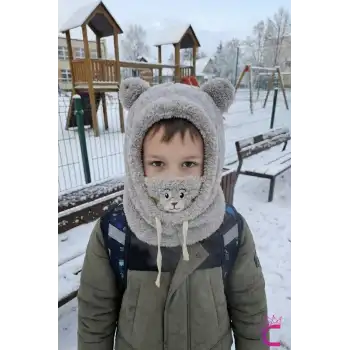 Sevimli Ayıcıklı Yumuşak Peluş Bere Boyunluklu Şapka Atkı Bir Arada Gri 3-12 Yaş Kışlık Hediyelik