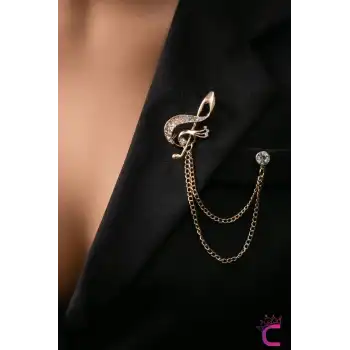 Sol Anahtarı Müzik Notalı Taşlı Zincirli Broş Gold - Hediyelik Öğretmen Ceket Yaka İğnesi Broşu