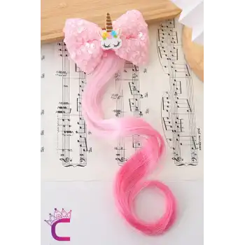 Unicorn Fuşya Pullu Kız Çocuk Saç Postiş Toka - Hediyelik Takma Saç Aksesuar At Kuyruğu Pens Toka