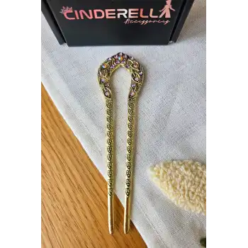 Vintage Çin Tarzı Mor Taşlı İşlemeli Topuz Tokası 12.5cm - Japon Topuz Çubuğu Metal Çubuk Toka