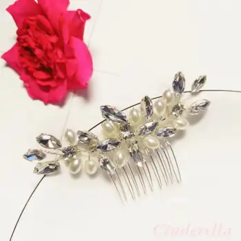 Yaprak Kristal Taşlı Elips İncili Gelin Tacı Gümüş - Düğün Nişan Nikah Kına Söz Taç Saç Aksesuarı