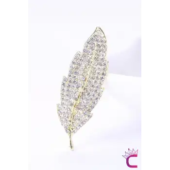 Yaprak Tasarım Kristal Taşlı Kadın Broş Gold - Özel Günler Hediyelik Elbise Ceket Yaka İğnesi Broşu