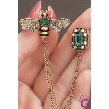 Yeşil Zümrüt Kristal Taşlı Zincirli Arı Tasarım Broş - Hediyelik Elbise Ceket Yaka İğnesi Broş