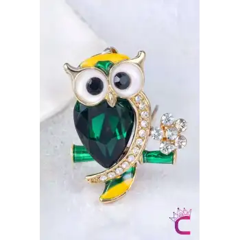 Yeşil Zümrüt Taşlı Kristal Çiçekli Tasarım C Baykuş Broş - Çanta Elbise Ceket Yaka İğnesi Broş