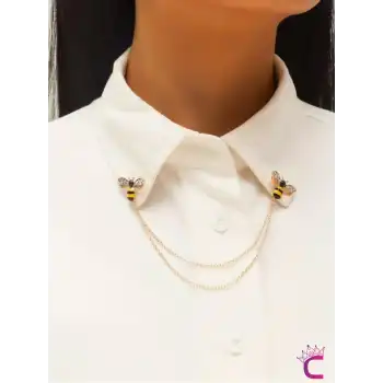 Zarif Arı Tasarım Gömlek Yaka Zinciri Broş - Hediyelik Zirkon Taşlı Gold Zincirli Ceket Yaka İğnesi